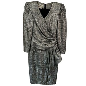 Vintage 80s Neiman Marcus Rickie Freeman Silver Metallic Shoulder Pad Dress Sz 4